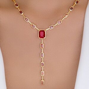 Sexy gold plated and Siam red crystal Suzanne y-neck shaped necklace BNIB